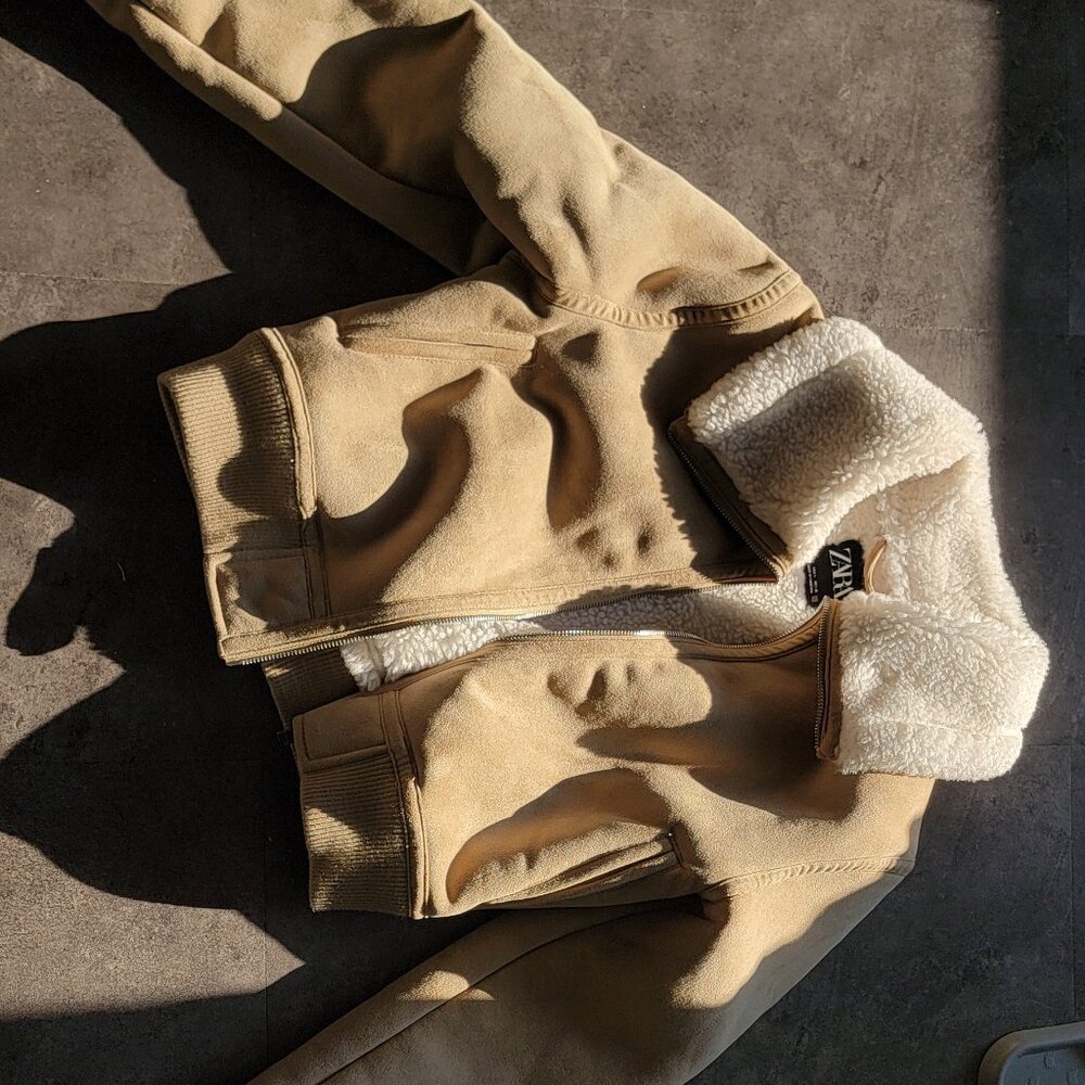 Zara biker bomber cropped fur jacket suede